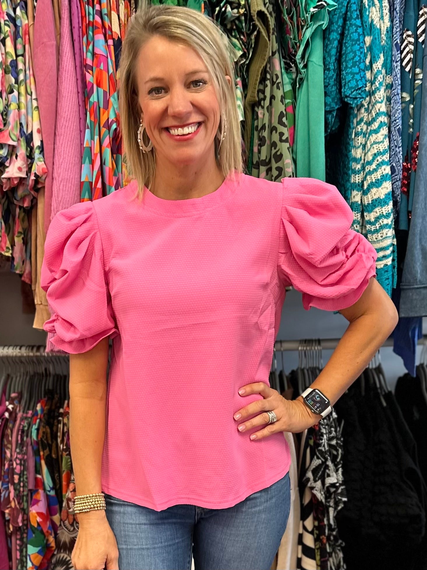 Pink ruched sleeve top