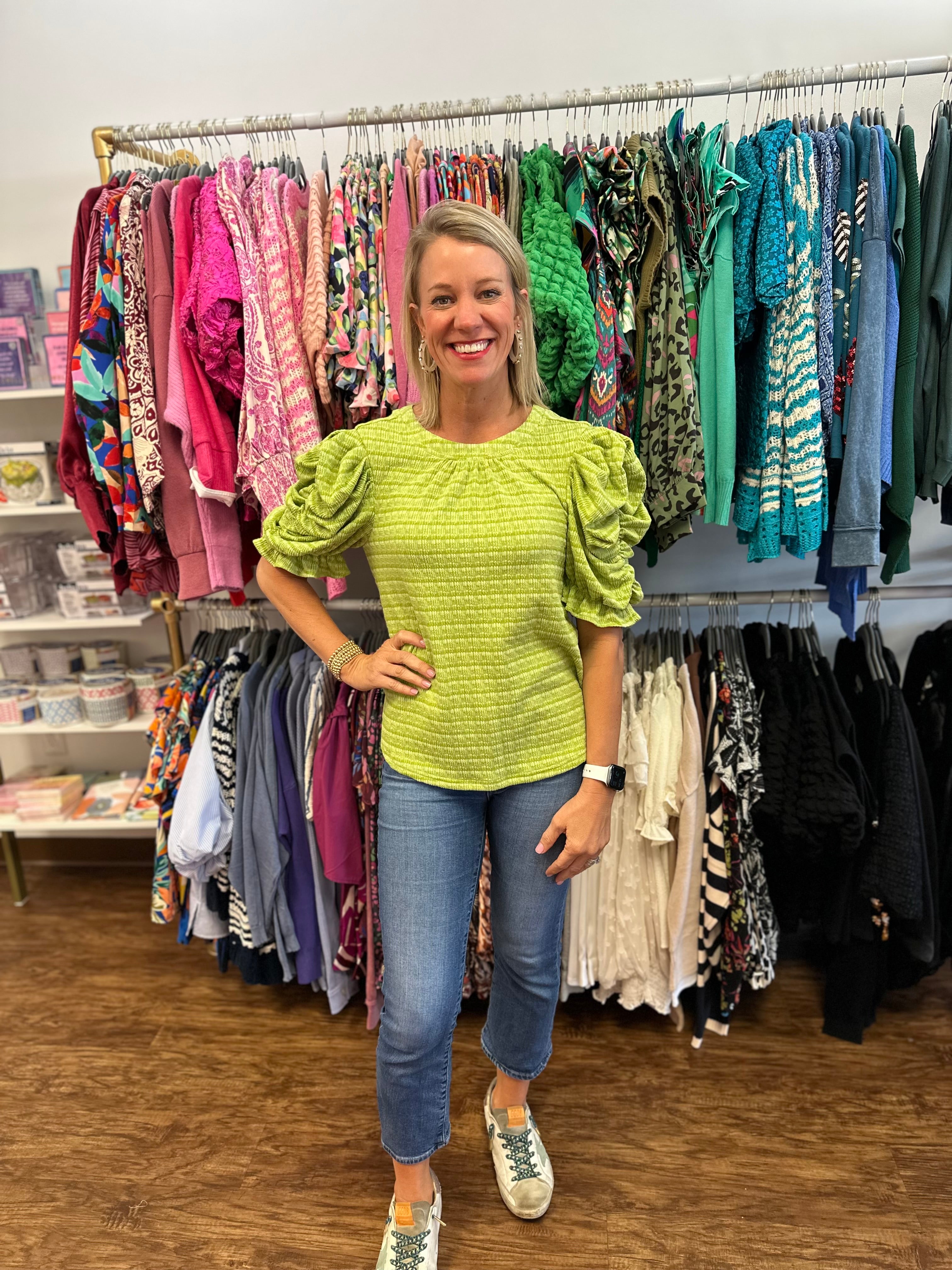 Lime ruched sleeve top