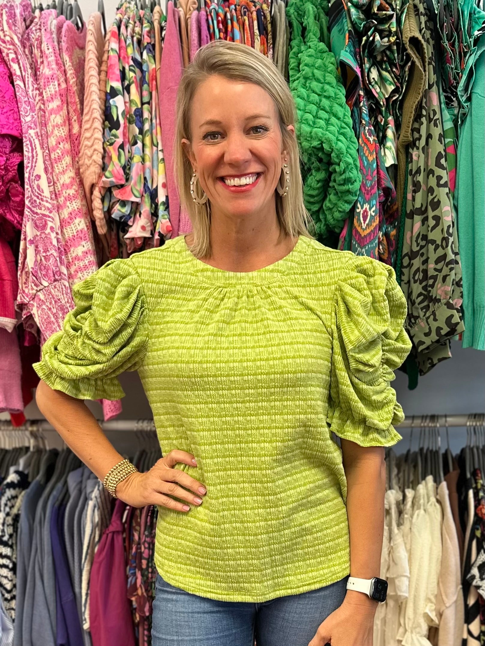 Lime ruched sleeve top